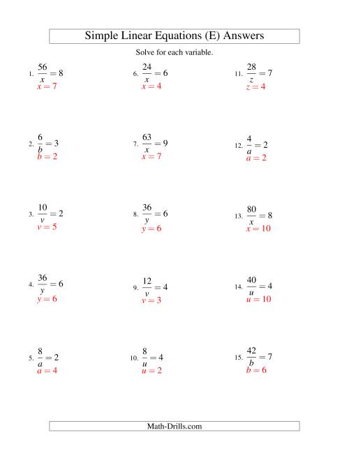 The Solving Linear Equations -- Form a/x = c (E) Math Worksheet Page 2