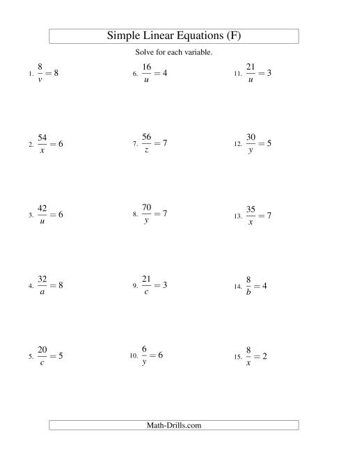 The Solving Linear Equations -- Form a/x = c (F) Math Worksheet