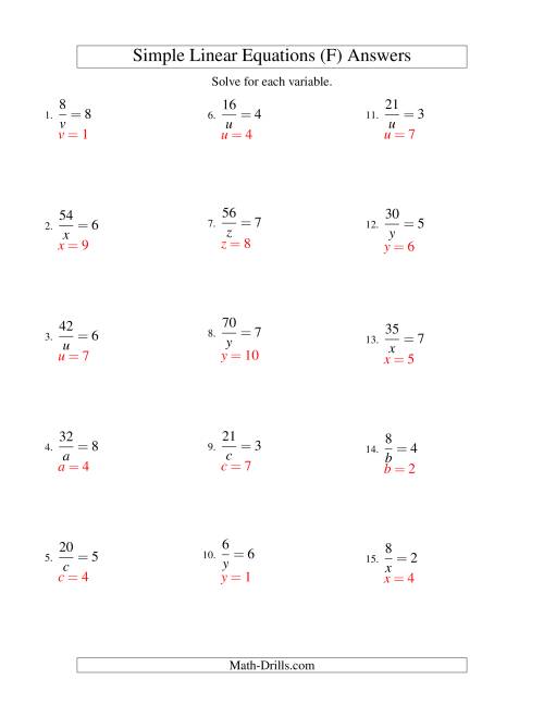 The Solving Linear Equations -- Form a/x = c (F) Math Worksheet Page 2