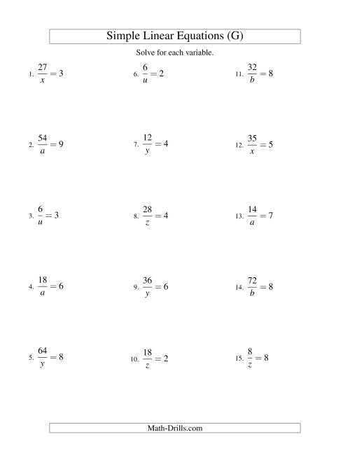 The Solving Linear Equations -- Form a/x = c (G) Math Worksheet