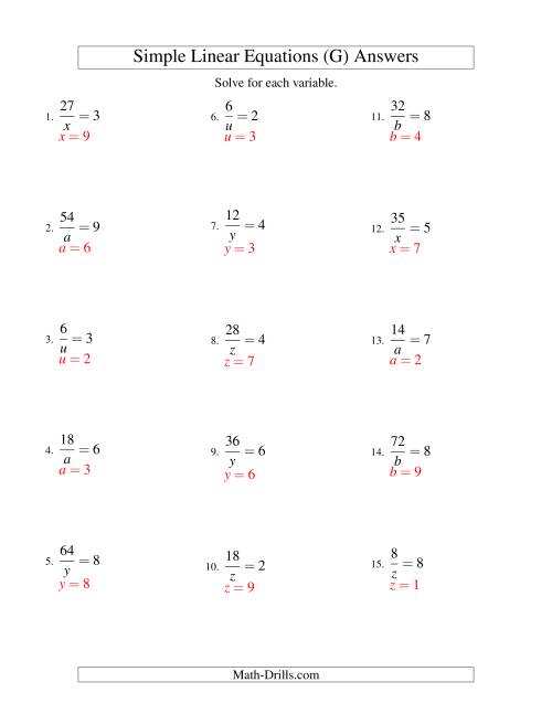 The Solving Linear Equations -- Form a/x = c (G) Math Worksheet Page 2