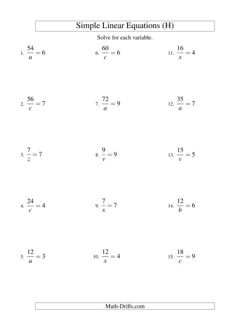 The Solving Linear Equations -- Form a/x = c (H) Math Worksheet