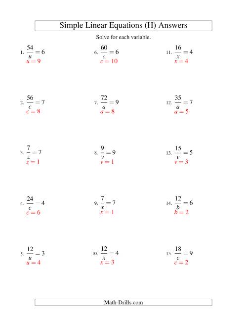 The Solving Linear Equations -- Form a/x = c (H) Math Worksheet Page 2