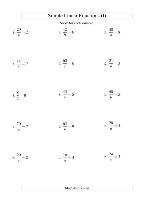 The Solving Linear Equations -- Form a/x = c (I) Math Worksheet