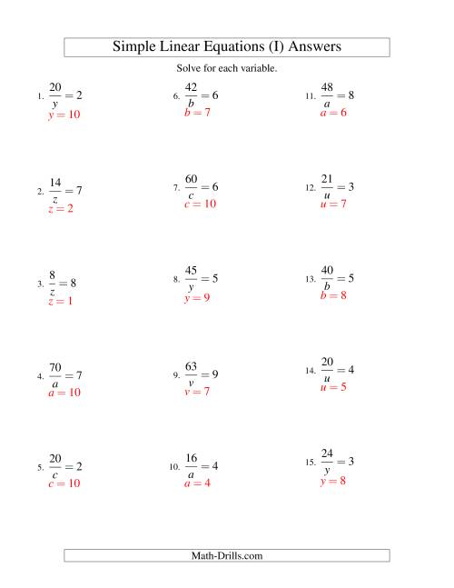 The Solving Linear Equations -- Form a/x = c (I) Math Worksheet Page 2