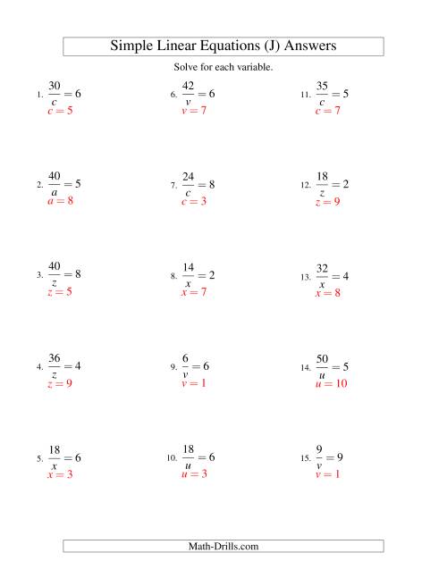 The Solving Linear Equations -- Form a/x = c (J) Math Worksheet Page 2
