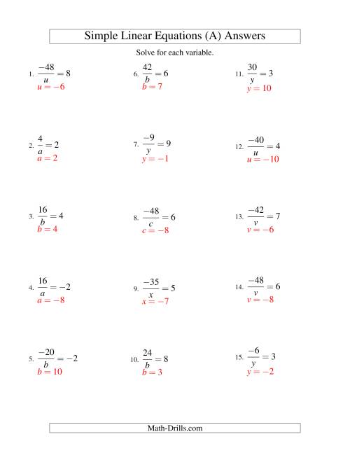 The Solving Linear Equations (Including Negative Values) -- Form a/x = c (A) Math Worksheet Page 2