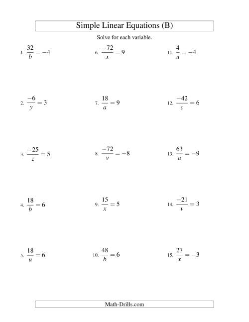 The Solving Linear Equations (Including Negative Values) -- Form a/x = c (B) Math Worksheet