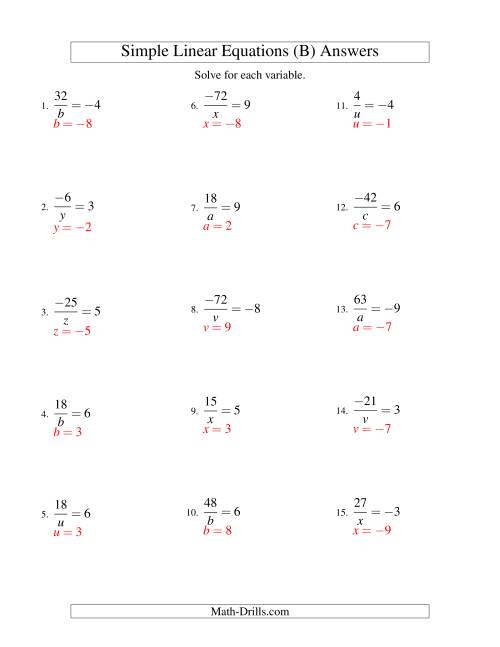 The Solving Linear Equations (Including Negative Values) -- Form a/x = c (B) Math Worksheet Page 2
