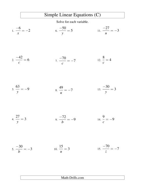The Solving Linear Equations (Including Negative Values) -- Form a/x = c (C) Math Worksheet