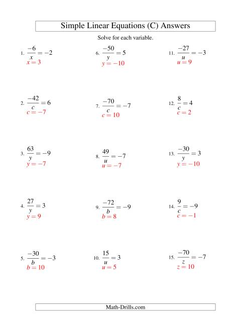 The Solving Linear Equations (Including Negative Values) -- Form a/x = c (C) Math Worksheet Page 2
