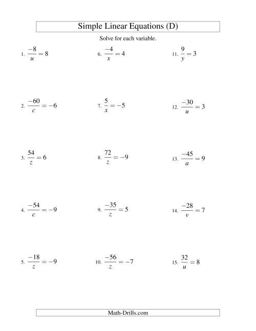 The Solving Linear Equations (Including Negative Values) -- Form a/x = c (D) Math Worksheet