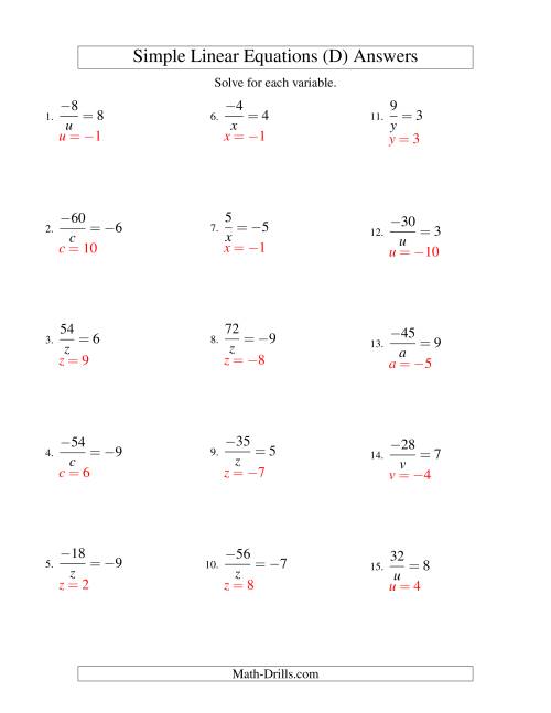 The Solving Linear Equations (Including Negative Values) -- Form a/x = c (D) Math Worksheet Page 2