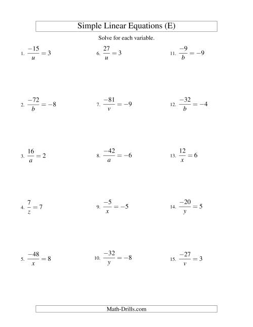 The Solving Linear Equations (Including Negative Values) -- Form a/x = c (E) Math Worksheet