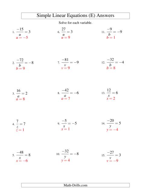 The Solving Linear Equations (Including Negative Values) -- Form a/x = c (E) Math Worksheet Page 2