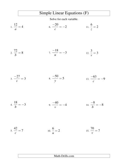 The Solving Linear Equations (Including Negative Values) -- Form a/x = c (F) Math Worksheet