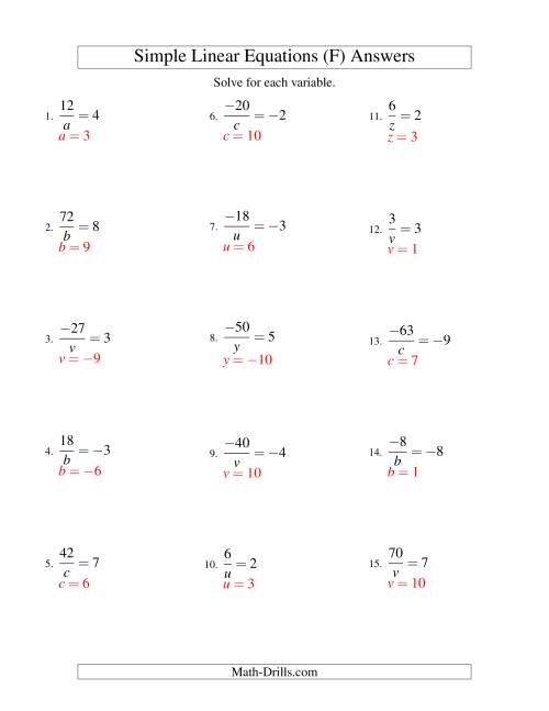The Solving Linear Equations (Including Negative Values) -- Form a/x = c (F) Math Worksheet Page 2