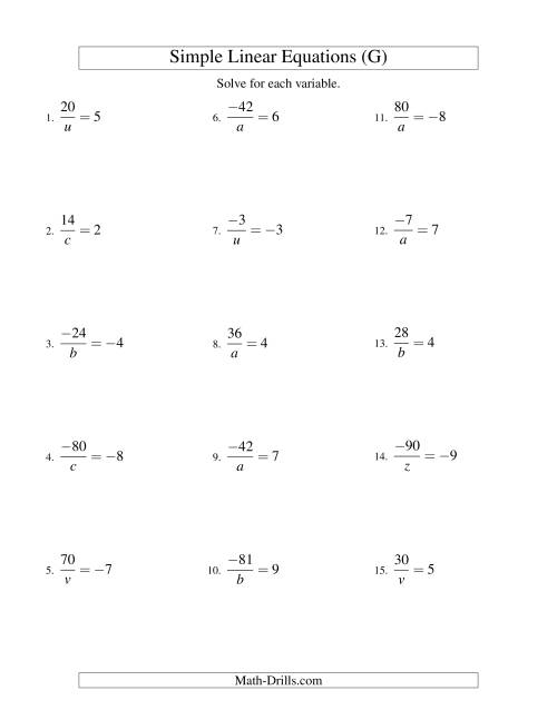 The Solving Linear Equations (Including Negative Values) -- Form a/x = c (G) Math Worksheet