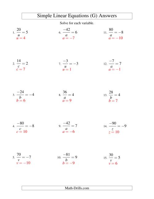 The Solving Linear Equations (Including Negative Values) -- Form a/x = c (G) Math Worksheet Page 2