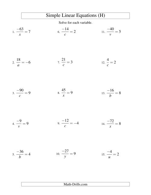 The Solving Linear Equations (Including Negative Values) -- Form a/x = c (H) Math Worksheet
