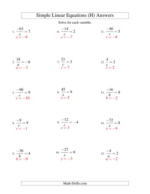 The Solving Linear Equations (Including Negative Values) -- Form a/x = c (H) Math Worksheet Page 2