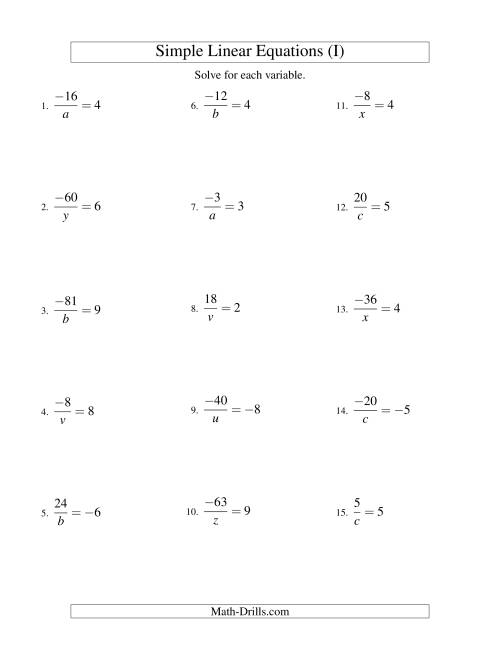 The Solving Linear Equations (Including Negative Values) -- Form a/x = c (I) Math Worksheet