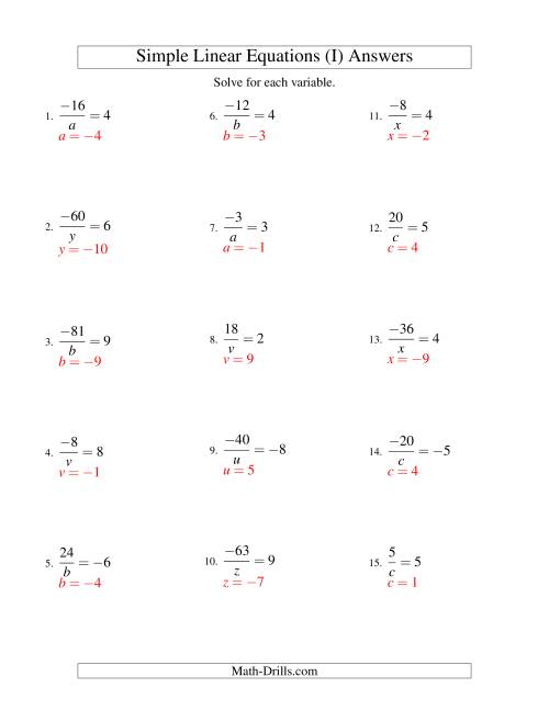 The Solving Linear Equations (Including Negative Values) -- Form a/x = c (I) Math Worksheet Page 2