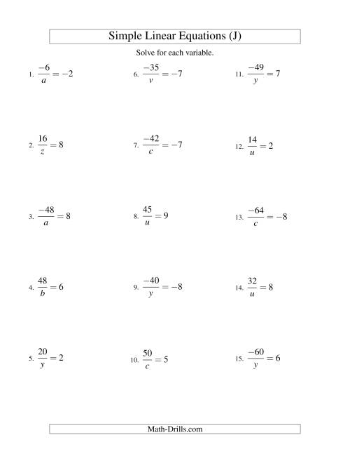 The Solving Linear Equations (Including Negative Values) -- Form a/x = c (J) Math Worksheet