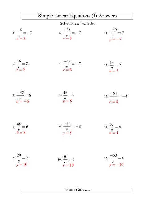 The Solving Linear Equations (Including Negative Values) -- Form a/x = c (J) Math Worksheet Page 2