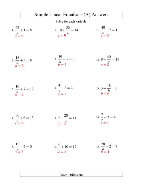 The Solving Linear Equations -- Form a/x ± b = c (A) Math Worksheet Page 2