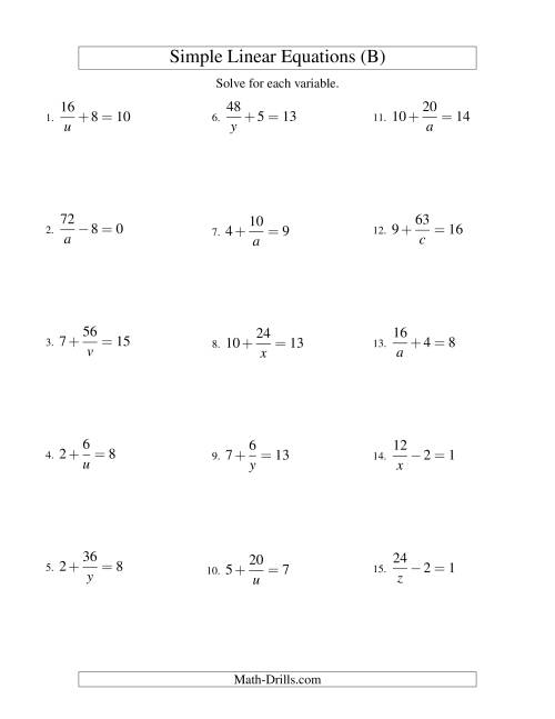 The Solving Linear Equations -- Form a/x ± b = c (B) Math Worksheet