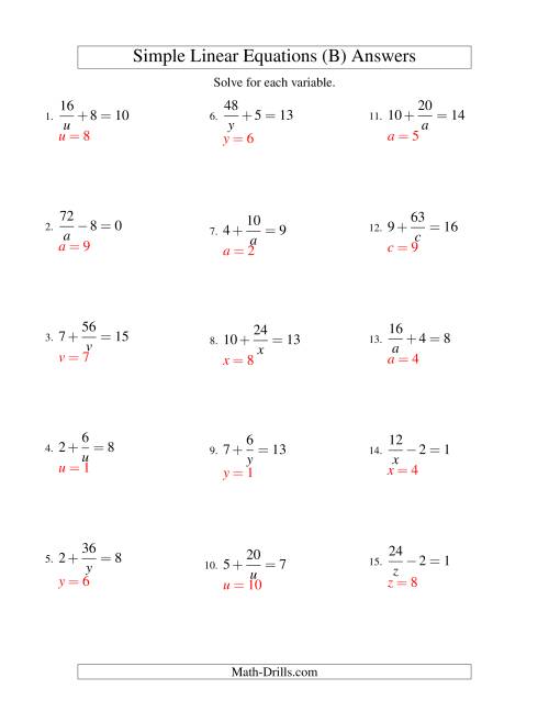 The Solving Linear Equations -- Form a/x ± b = c (B) Math Worksheet Page 2