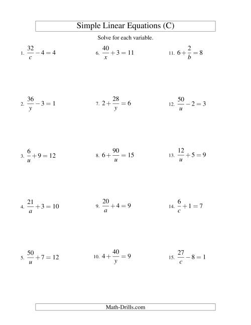The Solving Linear Equations -- Form a/x ± b = c (C) Math Worksheet