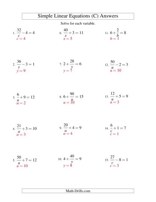 The Solving Linear Equations -- Form a/x ± b = c (C) Math Worksheet Page 2