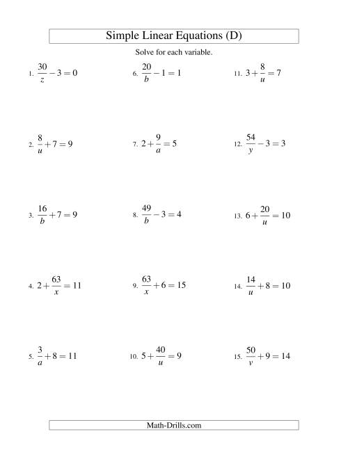 The Solving Linear Equations -- Form a/x ± b = c (D) Math Worksheet