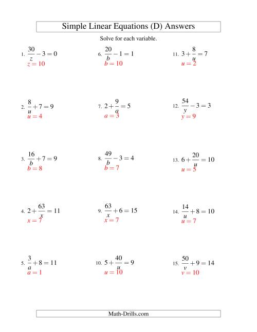 The Solving Linear Equations -- Form a/x ± b = c (D) Math Worksheet Page 2