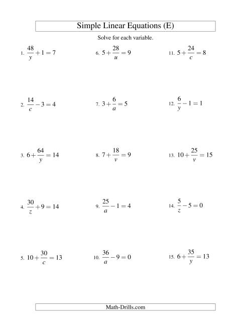 The Solving Linear Equations -- Form a/x ± b = c (E) Math Worksheet