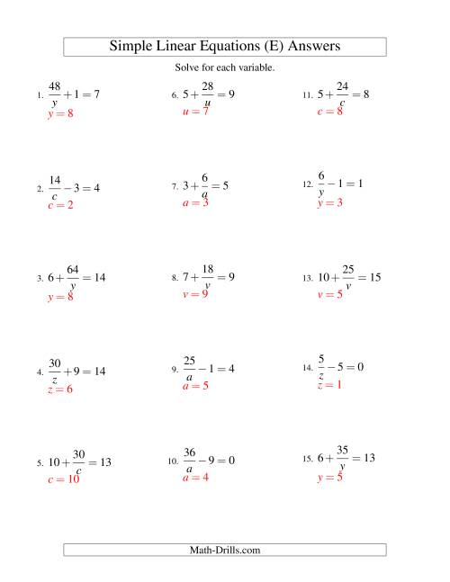 The Solving Linear Equations -- Form a/x ± b = c (E) Math Worksheet Page 2