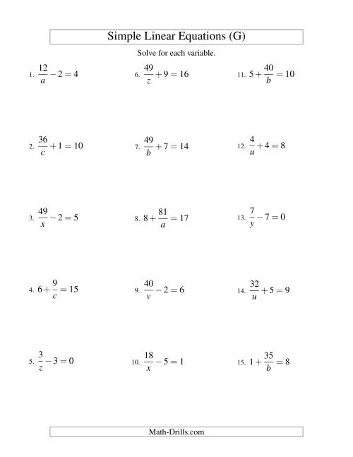 The Solving Linear Equations -- Form a/x ± b = c (G) Math Worksheet