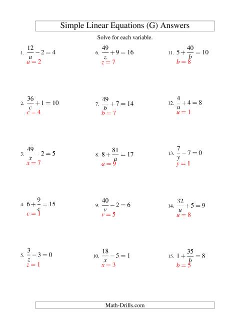 The Solving Linear Equations -- Form a/x ± b = c (G) Math Worksheet Page 2