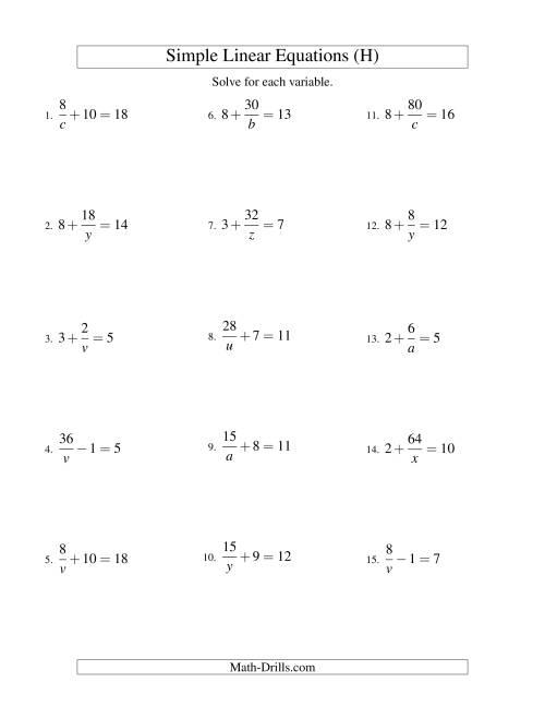 The Solving Linear Equations -- Form a/x ± b = c (H) Math Worksheet
