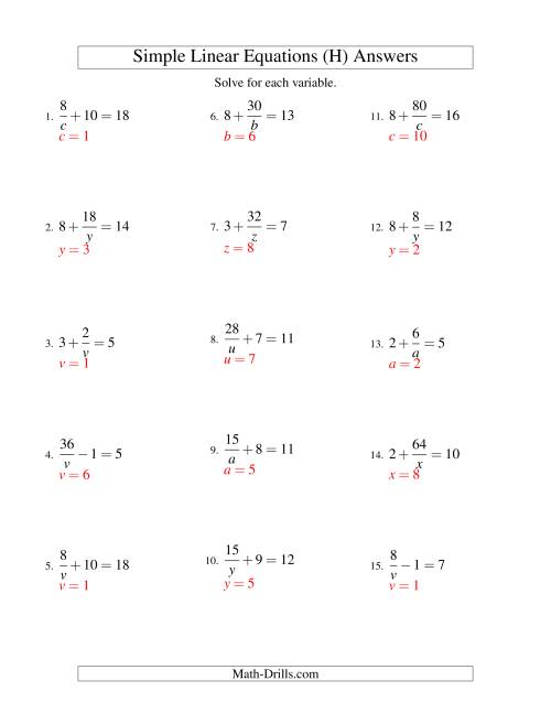 The Solving Linear Equations -- Form a/x ± b = c (H) Math Worksheet Page 2