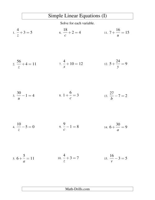 The Solving Linear Equations -- Form a/x ± b = c (I) Math Worksheet