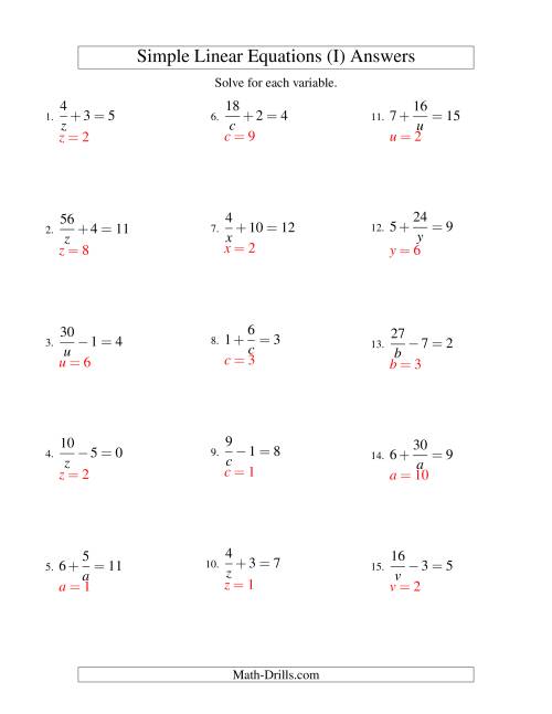 The Solving Linear Equations -- Form a/x ± b = c (I) Math Worksheet Page 2
