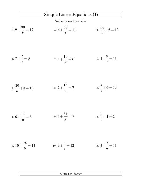The Solving Linear Equations -- Form a/x ± b = c (J) Math Worksheet
