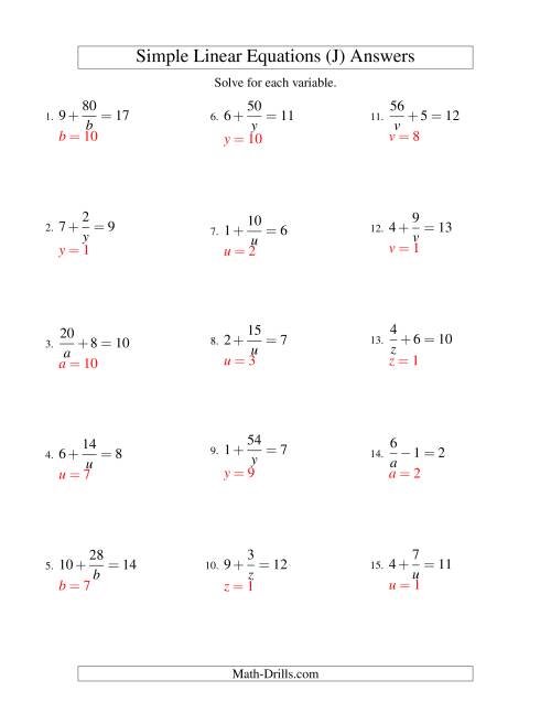 The Solving Linear Equations -- Form a/x ± b = c (J) Math Worksheet Page 2