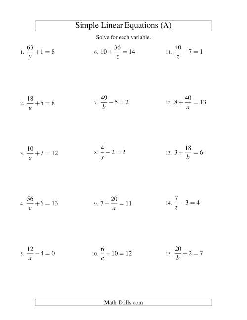 The Solving Linear Equations -- Form a/x ± b = c (All) Math Worksheet