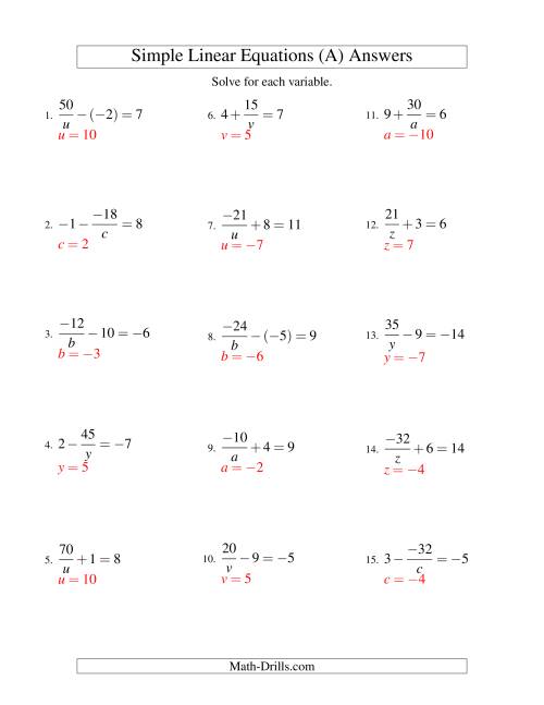 The Solving Linear Equations (Including Negative Values) -- Form a/x ± b = c (A) Math Worksheet Page 2