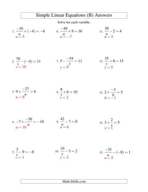 The Solving Linear Equations (Including Negative Values) -- Form a/x ± b = c (B) Math Worksheet Page 2