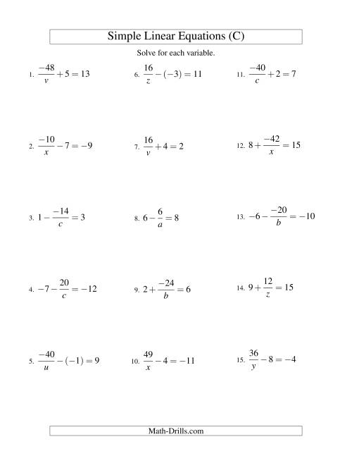 The Solving Linear Equations (Including Negative Values) -- Form a/x ± b = c (C) Math Worksheet